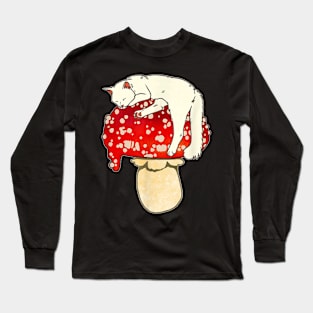 Cute White Cat Sleeping On Red Spotted Mushroom Long Sleeve T-Shirt